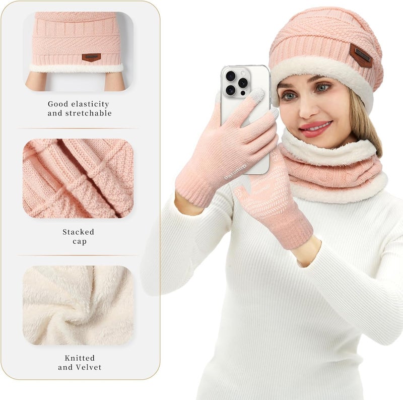 MAYLISACC Winter Knit Beanie Hat Neck Warmer Scarf and Touch Screen Gloves Set 3 Pcs Fleece Lined Skull Cap for Men Women - Image 4